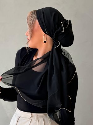 סט שיפון שחור סיומת זהב